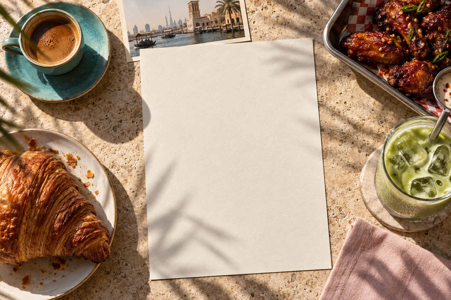 Coffee, golden pastry and glazed wings gathered around a menu on a sunlit café table