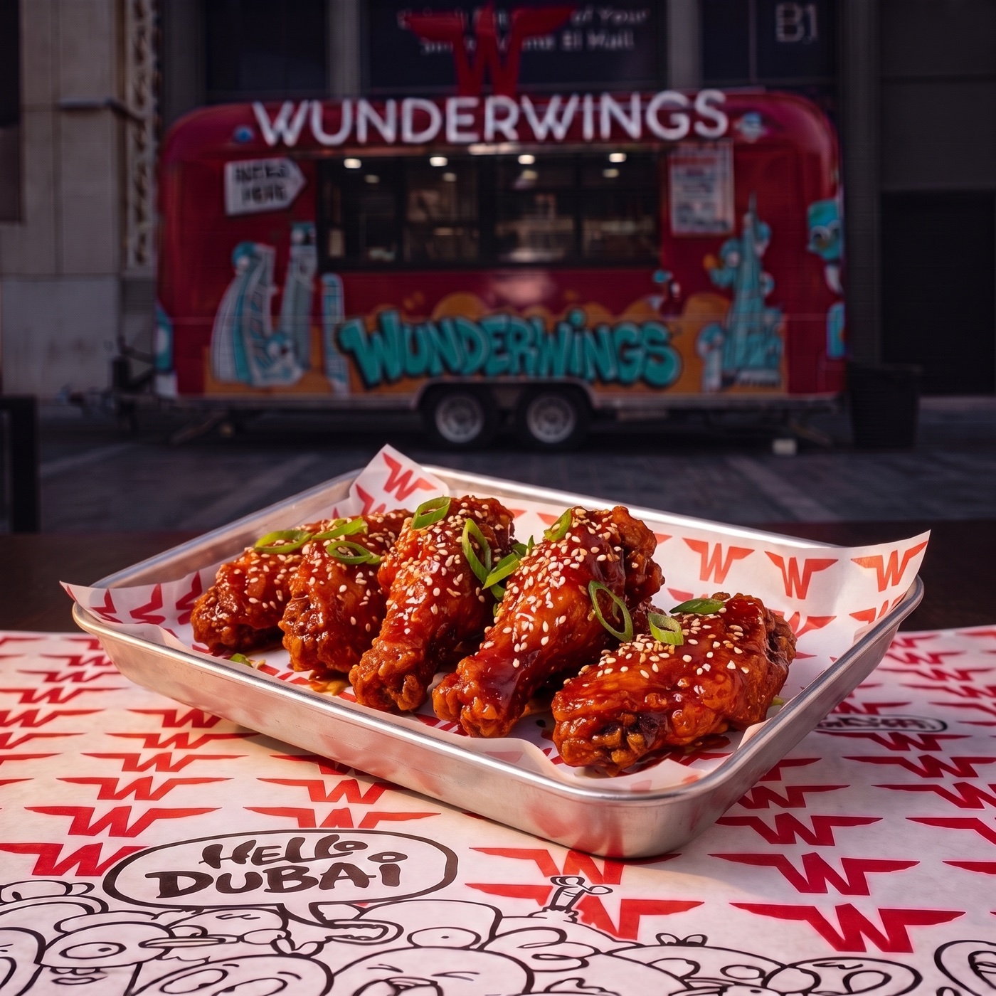 Korean glazed wings in front of the red Wunderwings food truck in Dubai